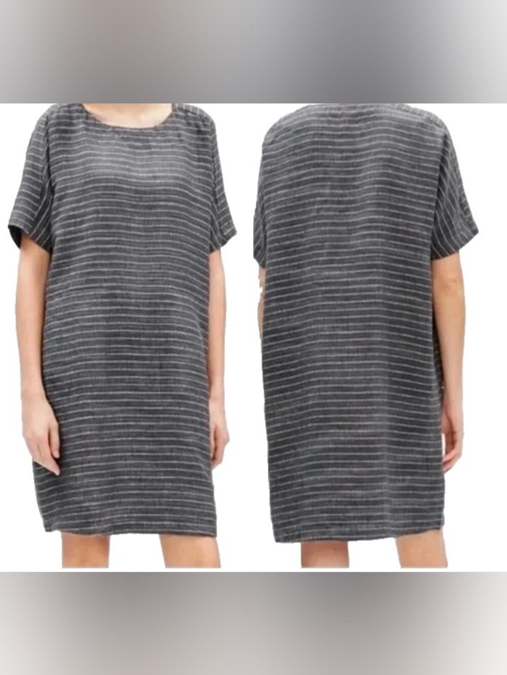 Eileen Fisher Graphite Grey Organic Linen Striped  Scoop Neck Tunic Dress- 1X
